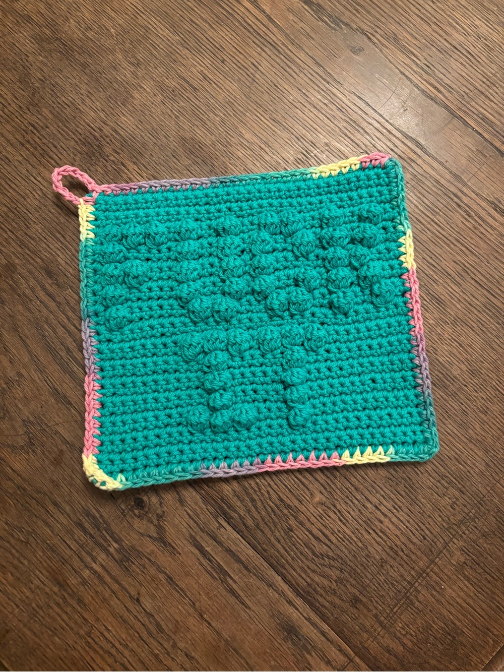 Hand Crafted Teal Crochet “FU$K IT” Pot Holder with Multicolor Trim
